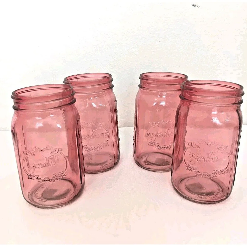 Set of 4 Pink Mason Jar Style Glass Vases Candle Holders Decorative 24 oz